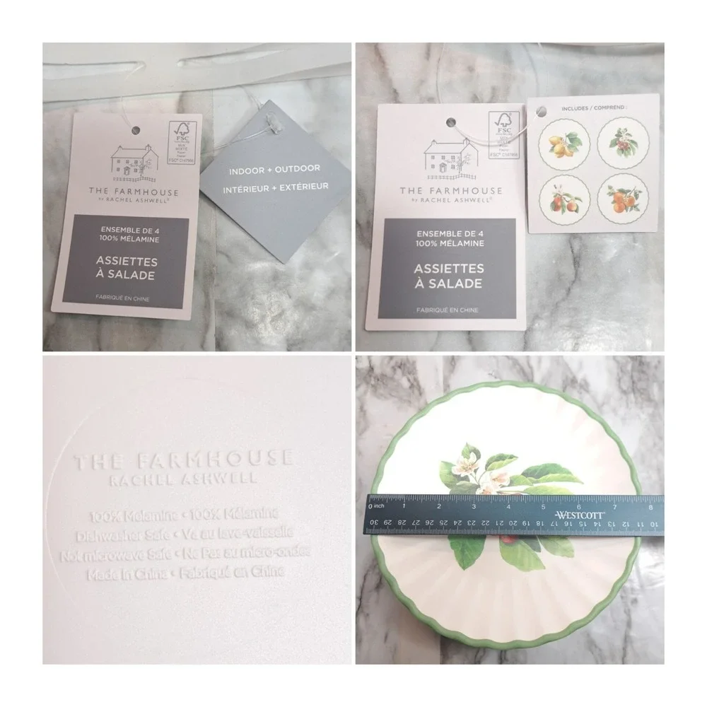 Set/4 The Farmhouse by Rachel Ashwell Salad Plates 100% Melamine Fruit Themed‎